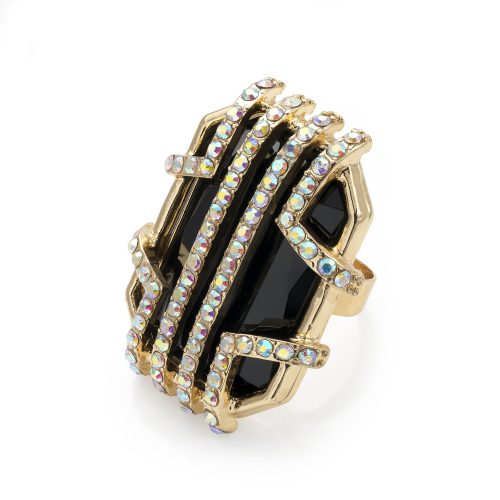 Gold colour ring with jet bead and crystals-Sartorial Boutique and Gifts