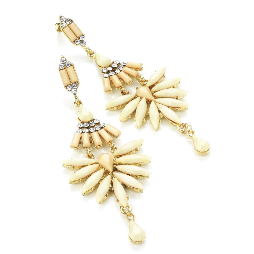 Light peach and cream tone beaded drop earrings with clear crystals, set in gold effect casings