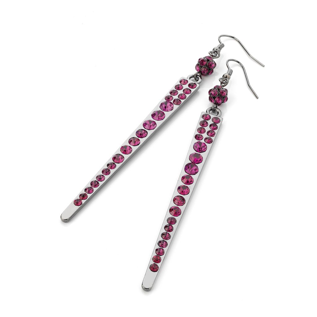 Long silver metal earrings with fuchsia crystal effect embellishments