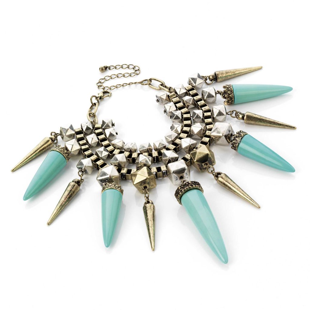 Brushed silver colour Tribal effect bracelet with turquoise tooth shaped beads