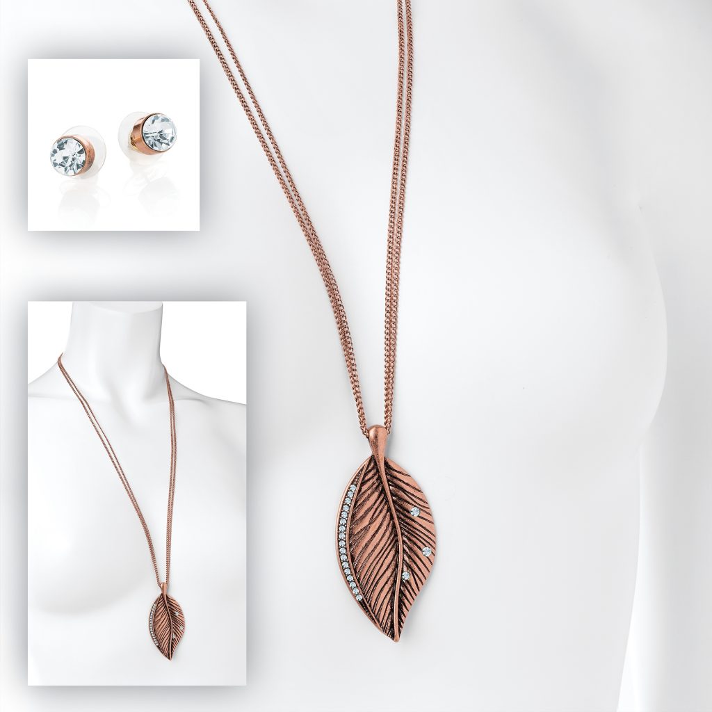 Antique Rose gold coloured leaf design necklace and earring set