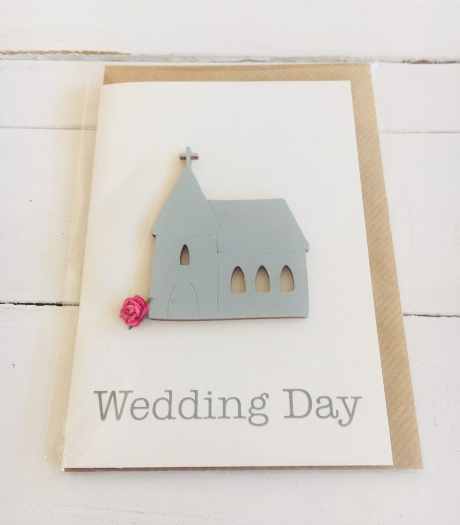 Wedding Day card - wooden church with pink rose design- Sartorial Boutique and Gifts